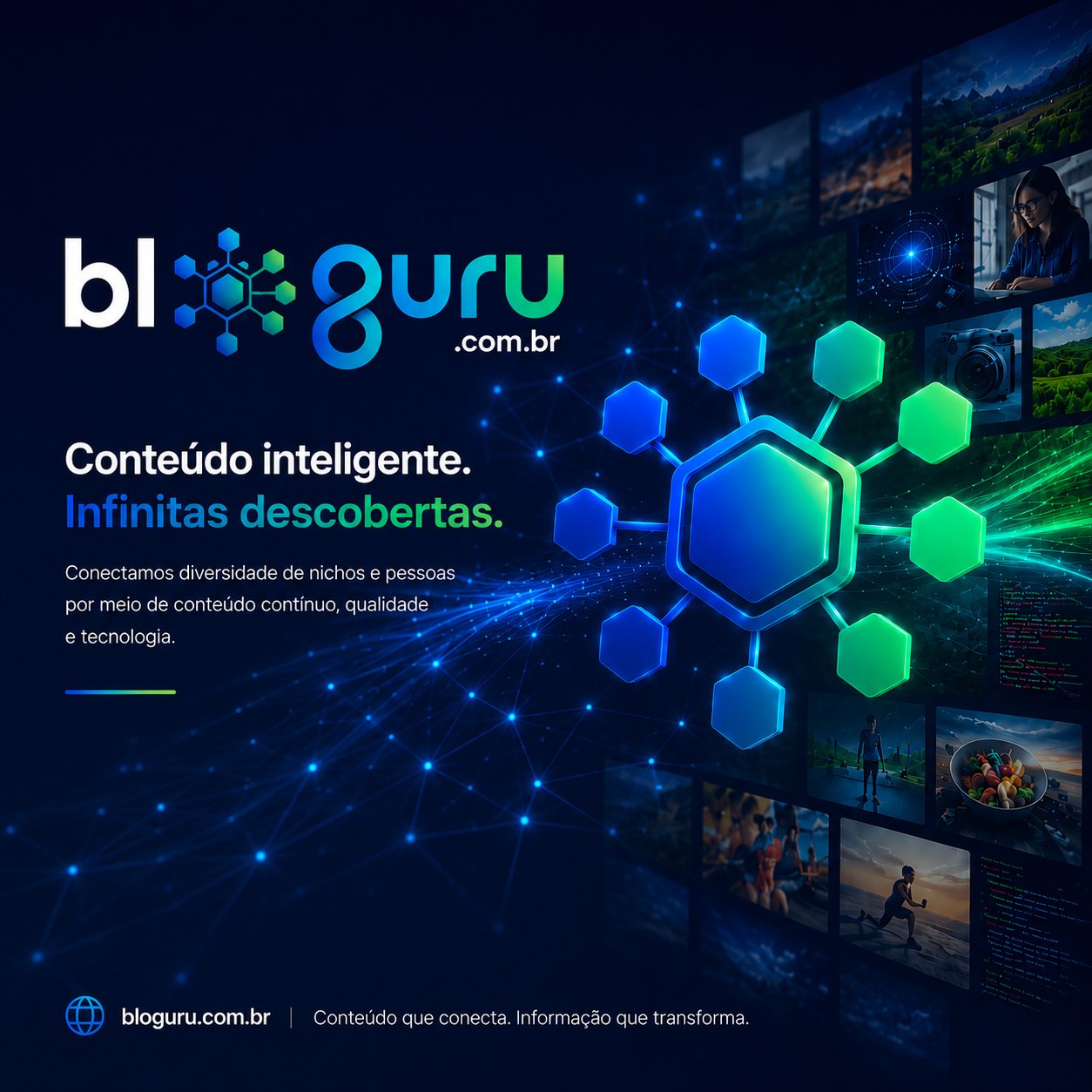 Identidade visual do Bloguru com rede de conteúdo inteligente, descobertas infinitas e conexões digitais.